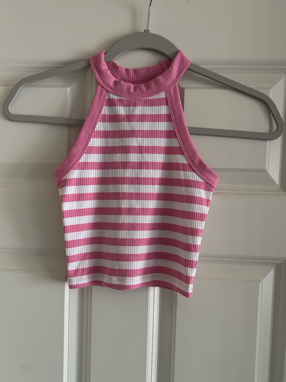 American Eagle Striped Pink & White Ribbed Halter Crop Top